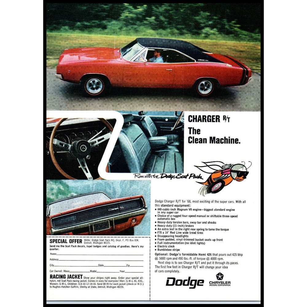 1968 Dodge Charger R/T Vintage Print Ad Scat Pack Stripe Man Cave Wall Art
